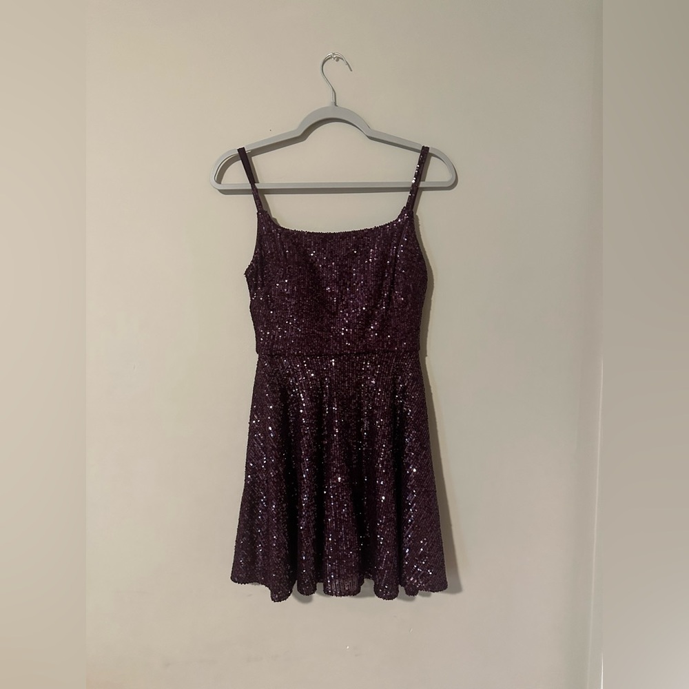 spaghetti strap plum sequined mini dress